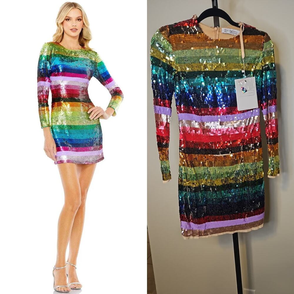 Mac Duggal 93724 Sequin Rainbow Striped Cocktail Dress | Long Sleeve Mini